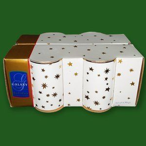 NEW Vtg Galaxy by Sakura Holiday Dinnerware 4 Mugs 14Kt Gold Stars Porcelain